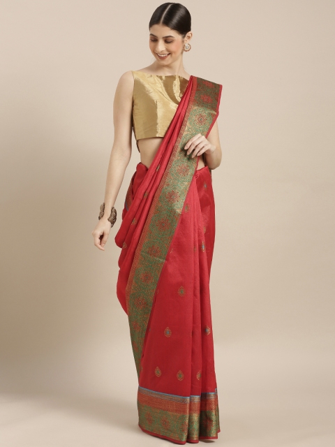 

GoSriKi Red & Golden Silk Cotton Woven Design Chanderi Saree