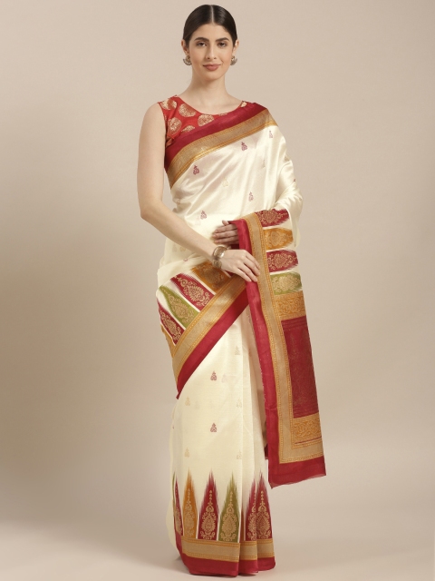 

GoSriKi Off-White & Maroon Art Silk Printed Mysore Silk Saree