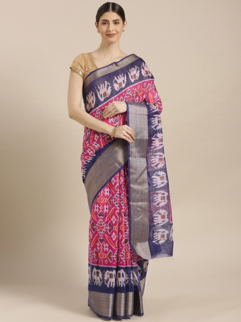 

GoSriKi Magenta & Navy Blue Viscose Rayon Printed Chanderi Saree