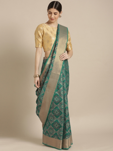 

GoSriKi Teal & Gold-Toned Silk Cotton Woven Design Chanderi Saree