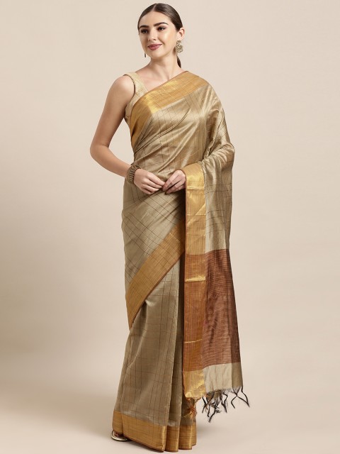 

Satrani Beige & Brown Silk Cotton Checked Chanderi Saree