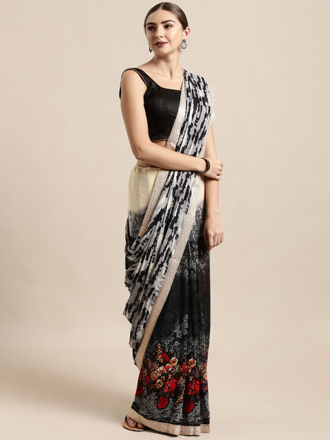 

Satrani Grey & Black Poly Georgette Printed Saree