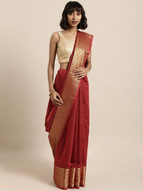 

Satrani Maroon Silk Cotton Solid Banarasi Saree