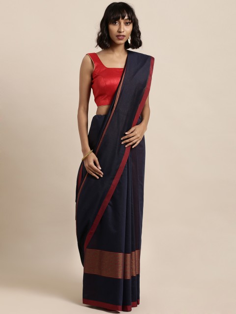 

Satrani Navy Blue & Red Poly Silk Striped Saree