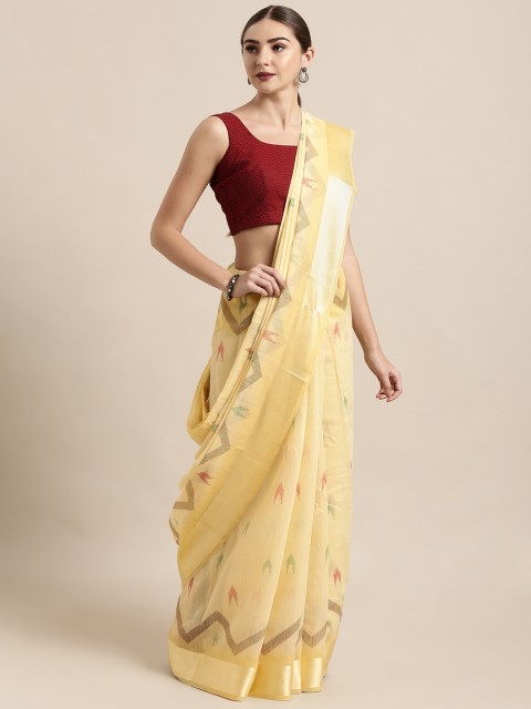 

Satrani Yellow Printed Silk Cotton Saree