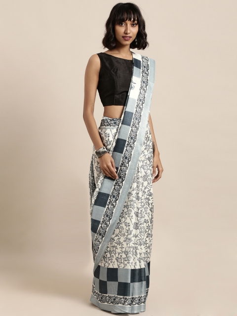 

Satrani White & Grey Poly Silk Printed Khadi Saree