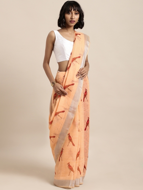 

Satrani Peach-Coloured & Red Polycotton Printed Saree