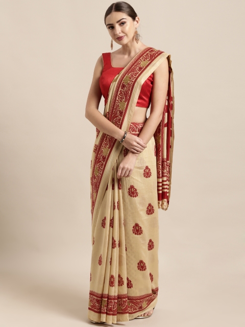 

Satrani Beige & Maroon Poly Silk Printed Saree