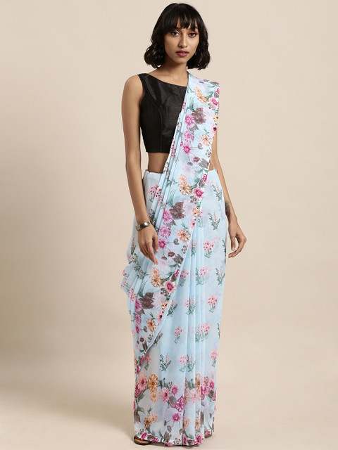 

Satrani Blue & Pink Poly Georgette Printed Saree