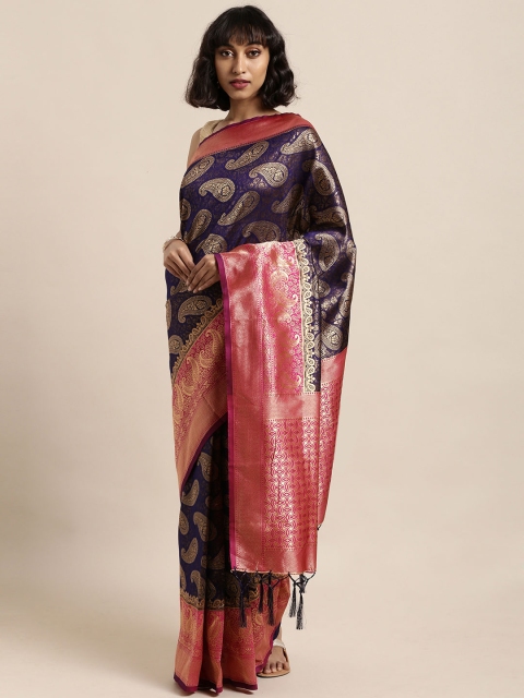

Satrani Navy Blue & Gold-Coloured Poly Silk Woven Design Banarasi Saree
