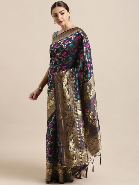 

Satrani Navy Blue & Gold-Toned Poly Silk Woven Design Banarasi Saree