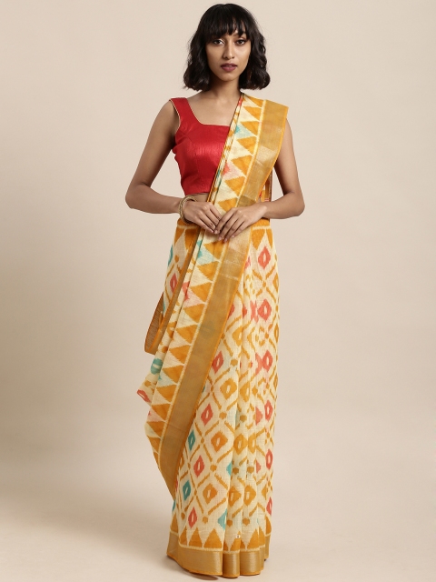 

Satrani Yellow Printed Polycotton Saree