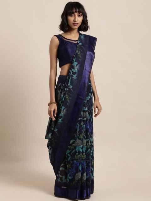 

Satrani Navy Blue Printed Silk Cotton Saree