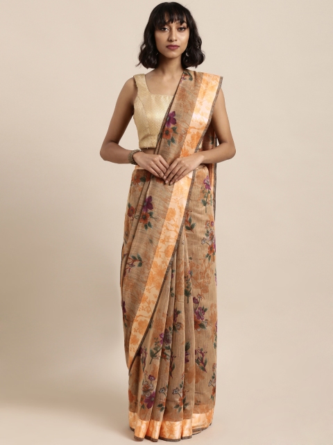

Satrani Beige & Peach-Coloured Silk Cotton Printed Saree