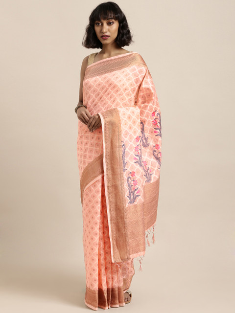 

Satrani Peach-Coloured Woven Design Silk Cotton Saree