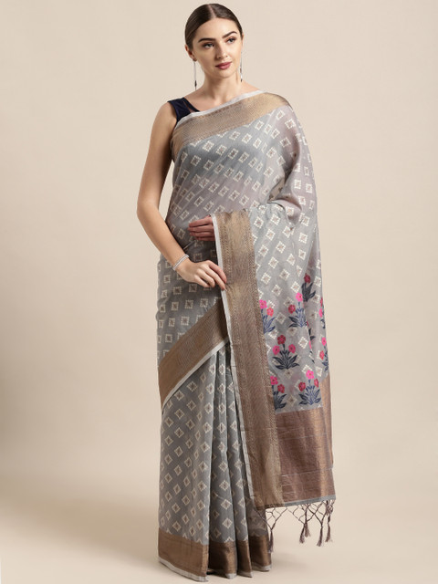 

Satrani Grey & Off-White Silk Cotton Printed Saree