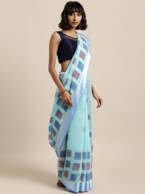

Satrani Turquoise Blue Printed Silk Cotton Saree