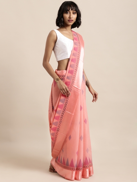 

Satrani Pink & Blue Silk Cotton Printed Saree