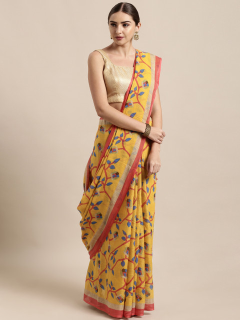 

Satrani Mustard Yellow Printed Polycotton Saree