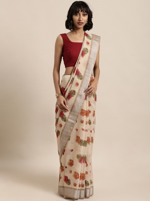 

Satrani Beige & Red Polycotton Printed Saree