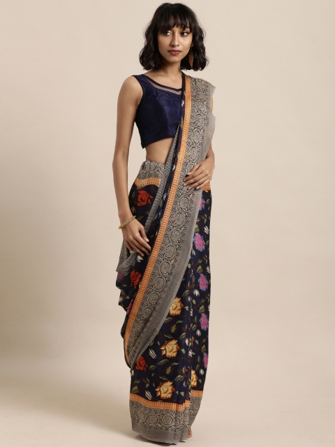 

Satrani Navy Blue Printed Poly Chiffon Saree