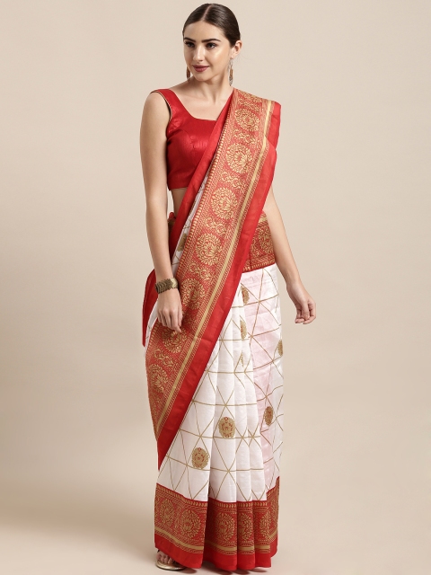 

Satrani Red & White Poly Silk Checked Saree