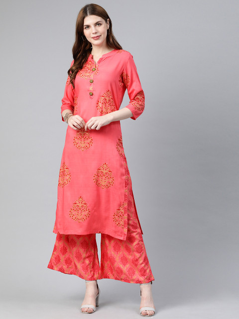 

Ishin Women Pink & Gold-Toned Printed Kurta with Palazzos
