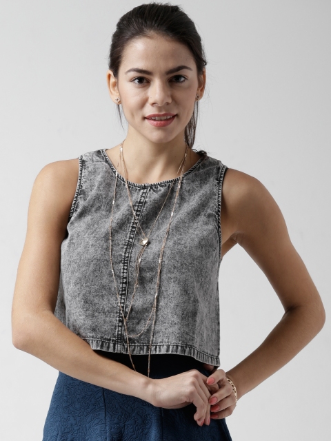 

FOREVER 21 Grey Acid Washed Denim Crop Top