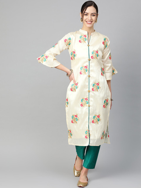 

Chhabra 555 Women Cream-Coloured & Green Embroidered Made to Measure Kurta with Trousers
