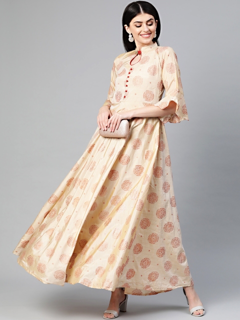 

Chhabra 555 Women Cream-Coloured Block print Made to Measure Gown