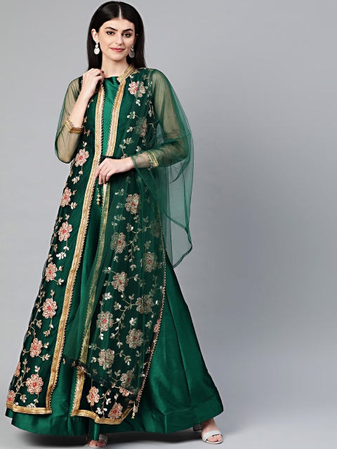 

Chhabra 555 Green & Golden Solid Made to Measure Cocktail Gown with Jacket & Dupatta