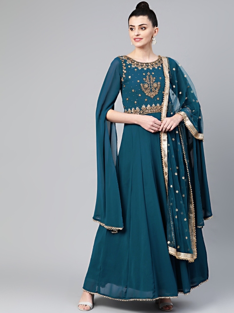 

Chhabra 555 Women Teal Blue Embellished Made to Measure Gown with Dupatta