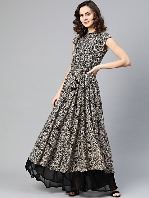 

Chhabra 555 Women Beige & Black Printed Made to Measure Gown