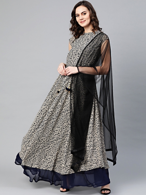 

Chhabra 555 Beige & Navy Blue Printed Made to Measure Maxi Dress With Dupatta