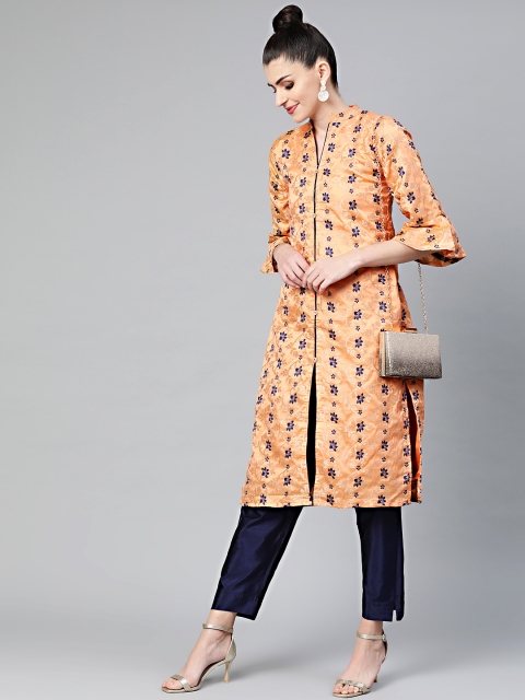 

Chhabra 555 Women Peach-Coloured & Navy Blue Zari Embroidered Made to Measure Kurta Set