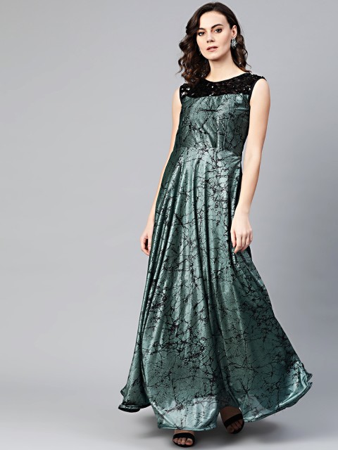 

Chhabra 555 Teal Green & Black Printed Made to Measure Cocktail Gown
