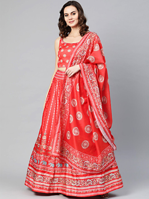 

Chhabra 555 Women Red & Beige Kalamkari Print Made to Measure Lehenga & Choli with Dupatta