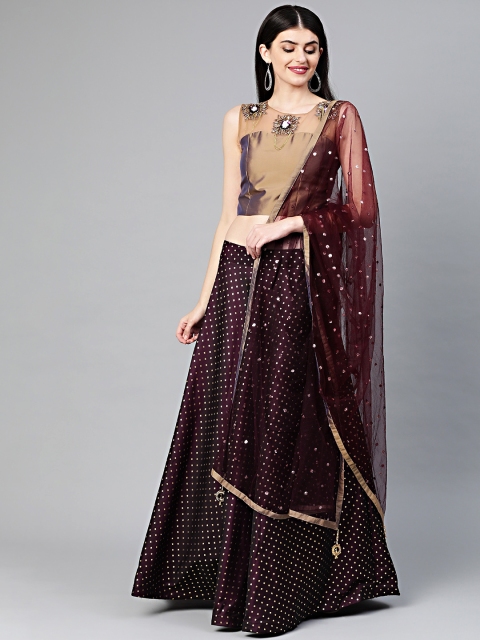 

Chhabra 555 Women Burgundy & Golden Foil Print Made to Measure Lehenga Choli