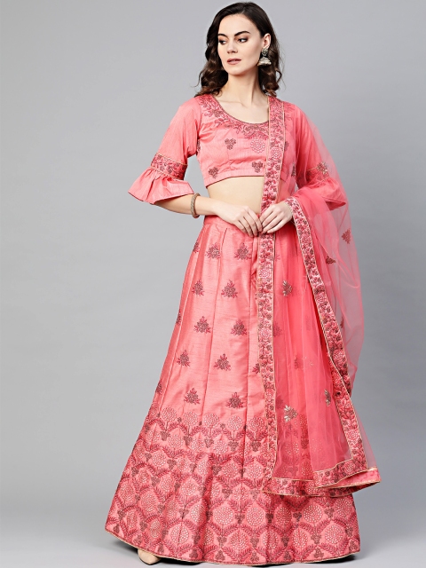 

Chhabra 555 Women Pink & Golden Resham Embroidered Made to Measure Lehenga Choli