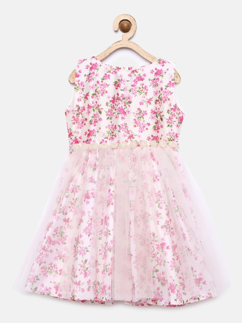 

Aomi Girls Off-White & Pink Floral Printed Fit and Flare Dress
