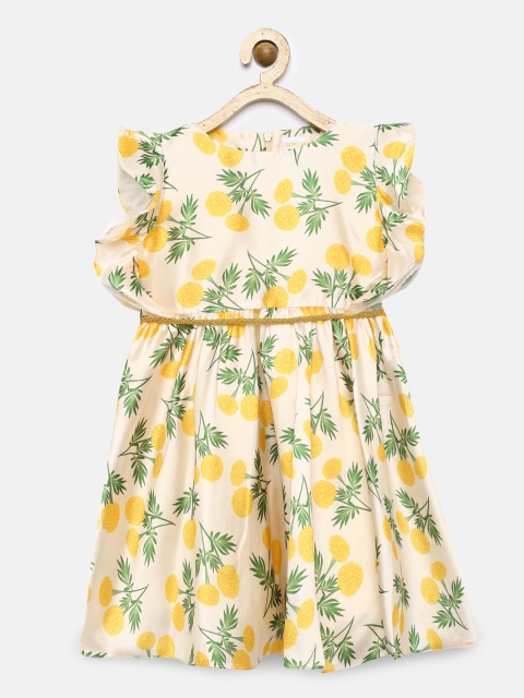 

Aomi Girls Cream-Coloured & Green Floral Printed Fit and Flare Dress