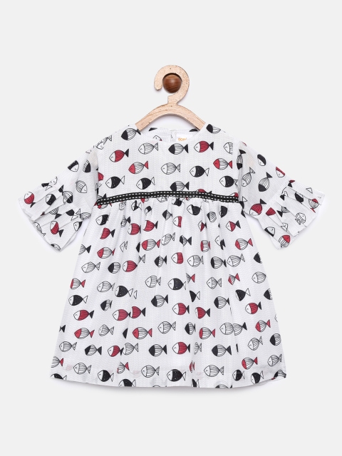 

Aomi Girls White Fish Printed Fit and Flare Dress