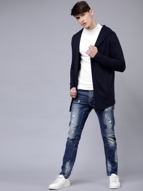 

LOCOMOTIVE Men Navy Blue Solid Hooded Open Front Shrug