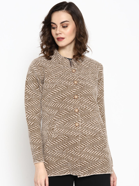 

Cayman Women Beige & Olive Green Self Design Woollen Cardigan