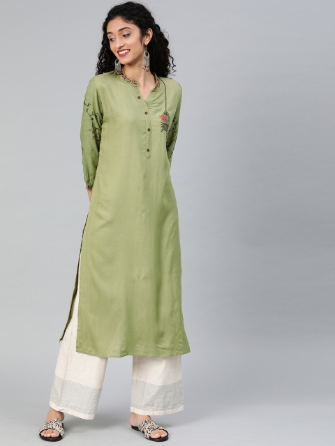 

Blissta Women Olive Green Embroidered Straight Kurta