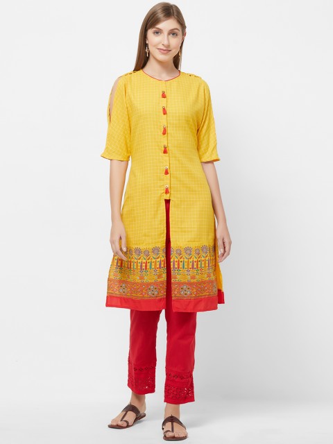 

Fusion Beats Women Yellow & Red Printed Straight Kurta