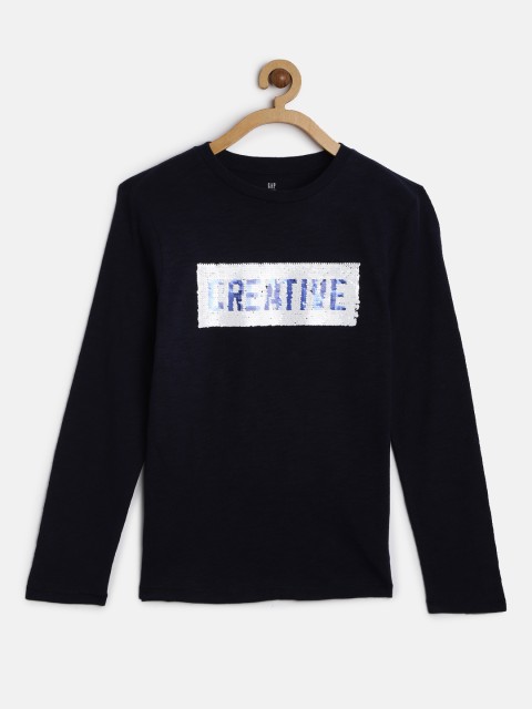 

GAP Boys Navy Blue Solid Flip Sequinned Round Neck T-shirt