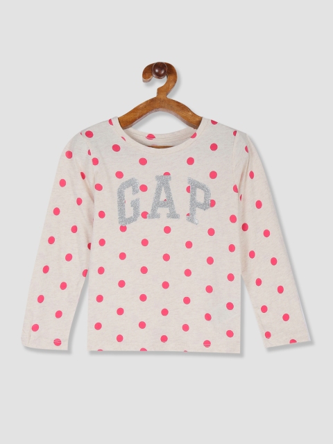 

GAP Girls Off-White & Pink Polka Dot Printed Round Neck T-shirt