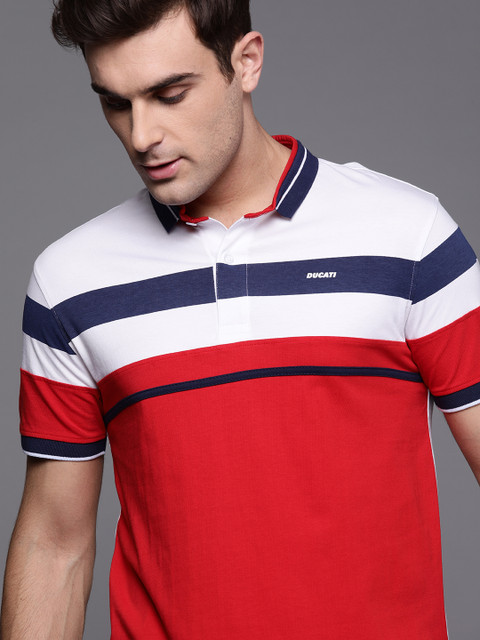 

Ducati Men Red White Colourblocked Polo Collar Pure Cotton T-shirt