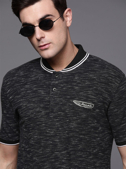 

Ducati Men Charcoal Grey & White Self Design Polo Collar T-shirt